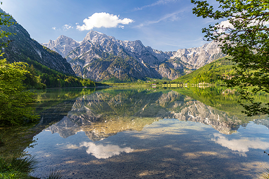 Das Tote Gebirge spiegelt sich im Morgenlicht im Almsee