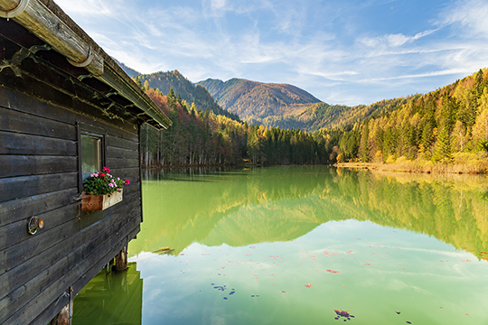 Ein Blick von der Fischerhütte über den Teich